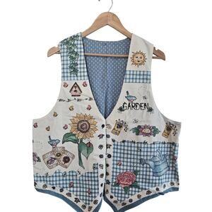 Vintage Handmade Vest Women 2X Blue Garden Cottage Plaid Prairie Granny Boho